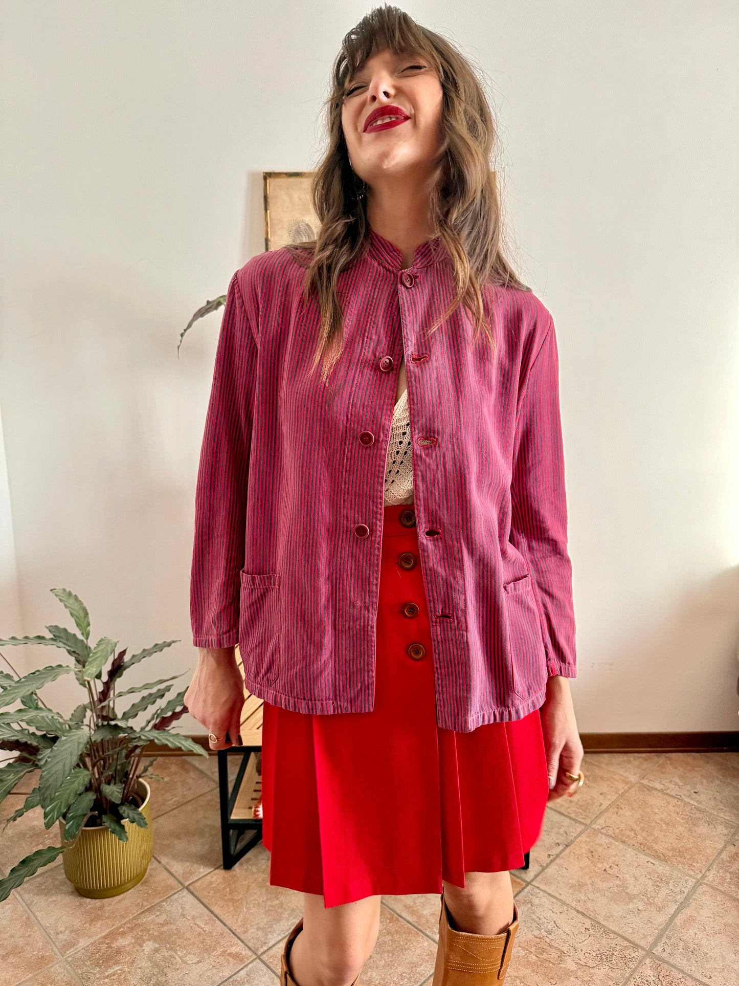 1970's vintage blue and red stripe work shirt