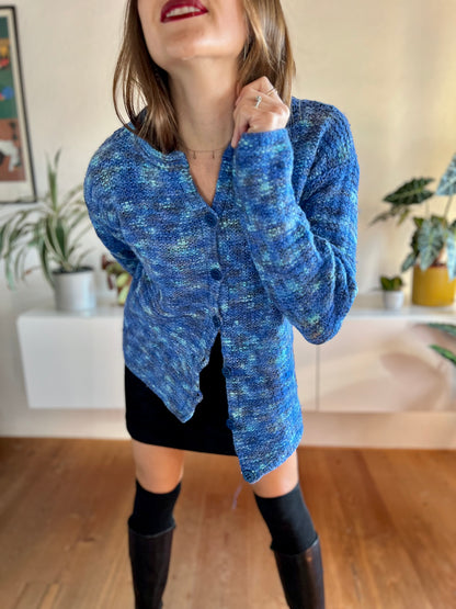 1970's vintage hand knit blue and turquoise cardigan