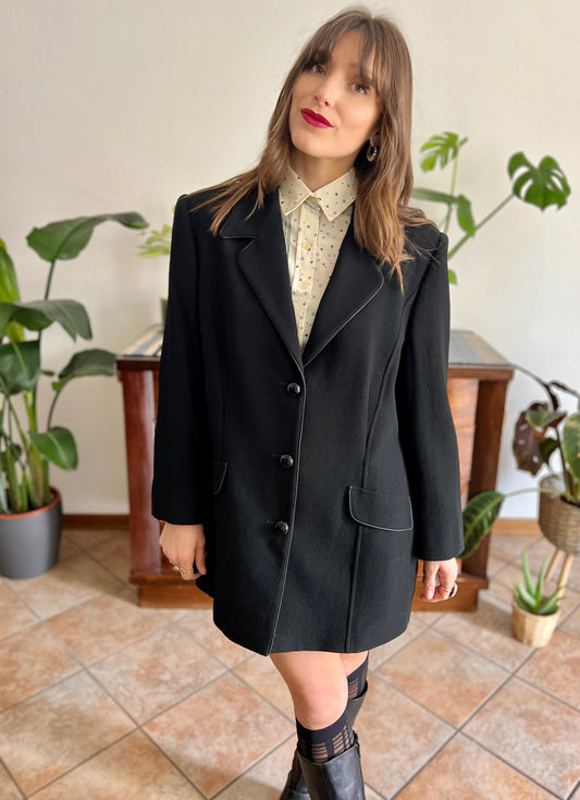 1990's vintage oversize black hand tailored wool jacket with black piping