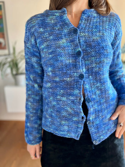 1970's vintage hand knit blue and turquoise cardigan