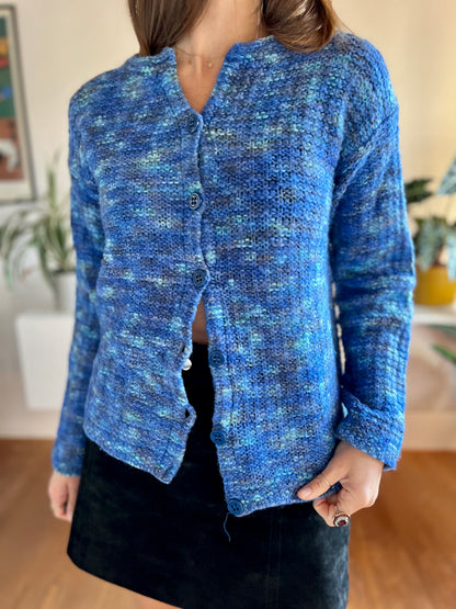 1970's vintage hand knit blue and turquoise cardigan