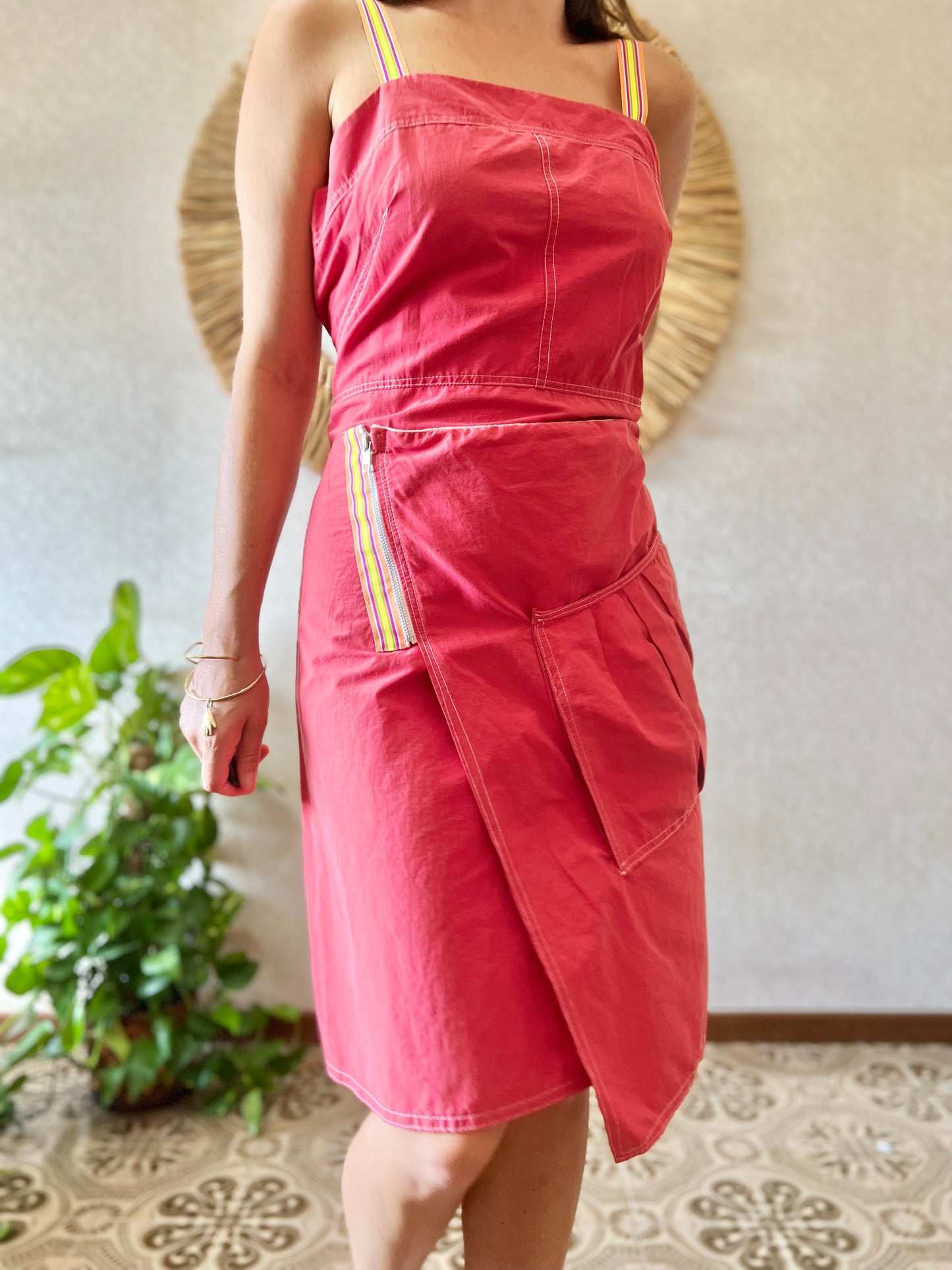 1980's vintage asymmetrical red bodycon dress with rainbow ribbon detailing