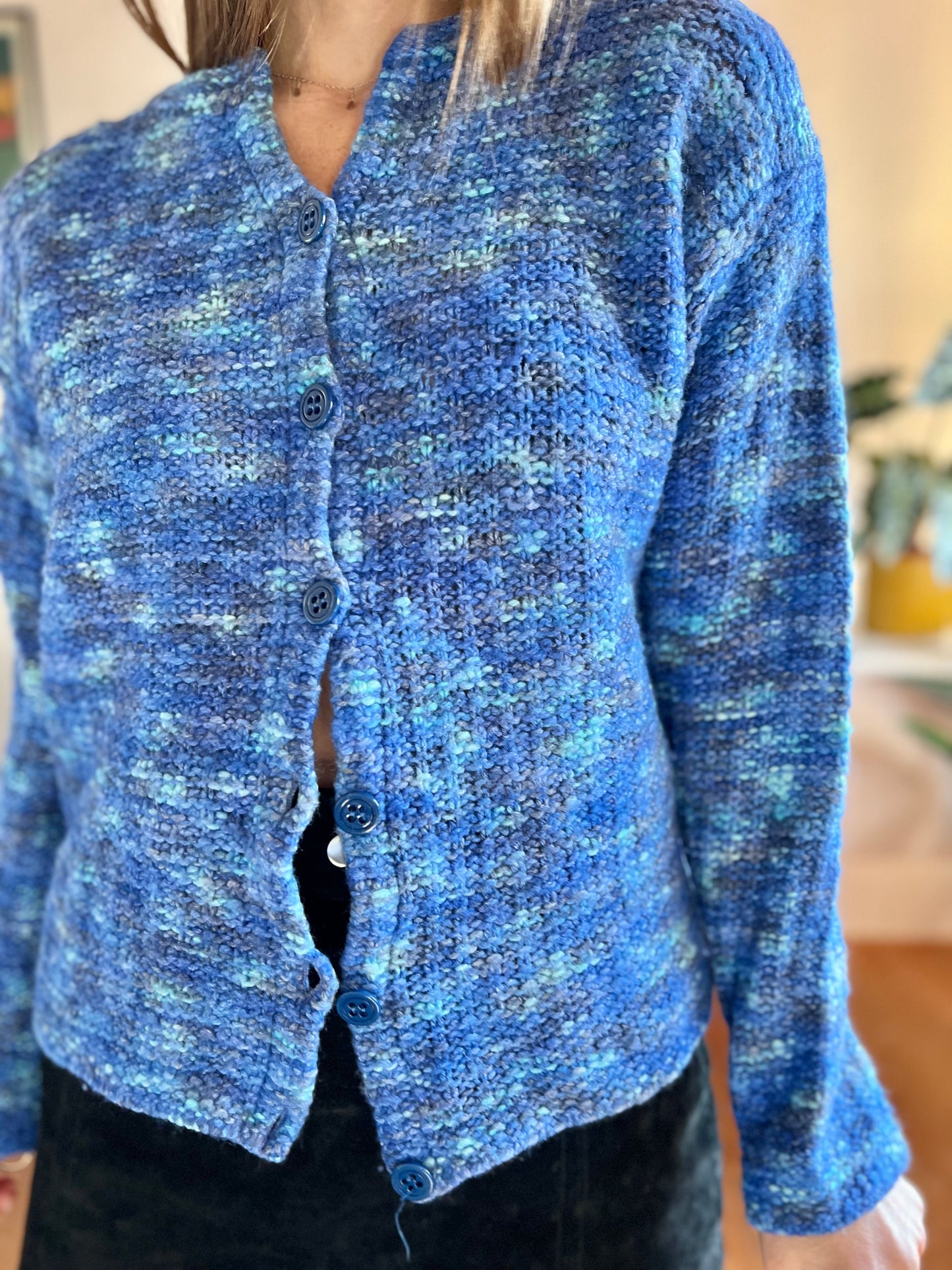 1970's vintage hand knit blue and turquoise cardigan