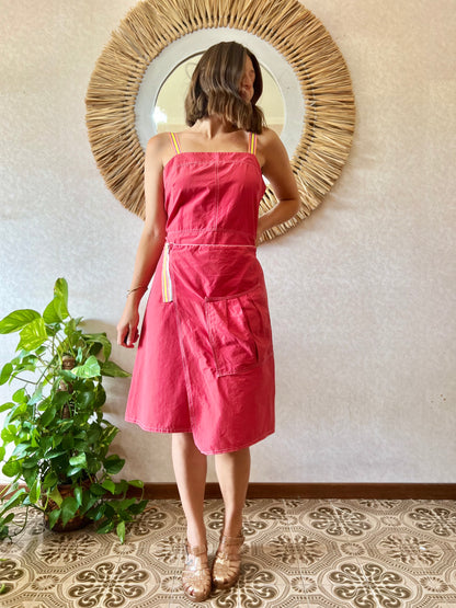 1980's vintage asymmetrical red bodycon dress with rainbow ribbon detailing