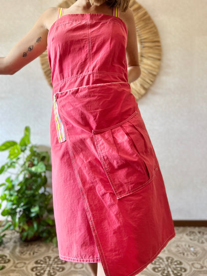 1980's vintage asymmetrical red bodycon dress with rainbow ribbon detailing