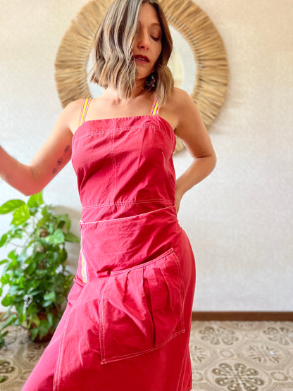 1980's vintage asymmetrical red bodycon dress with rainbow ribbon detailing