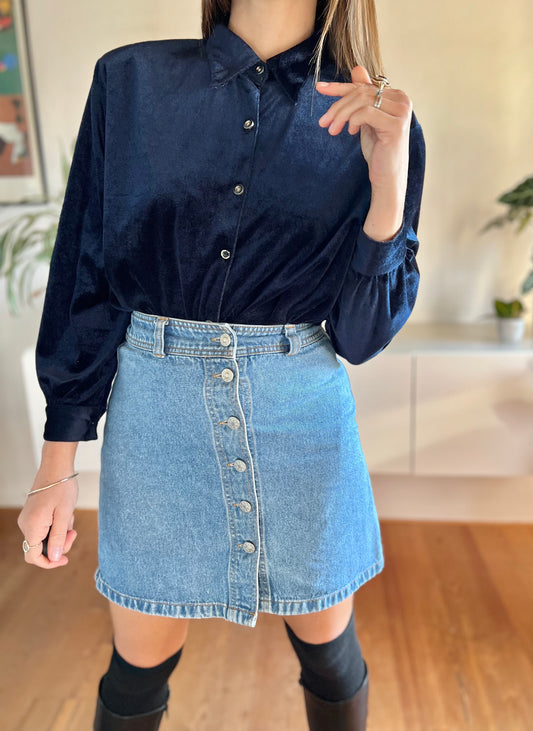 1970's vintage dark blue velvet blouse