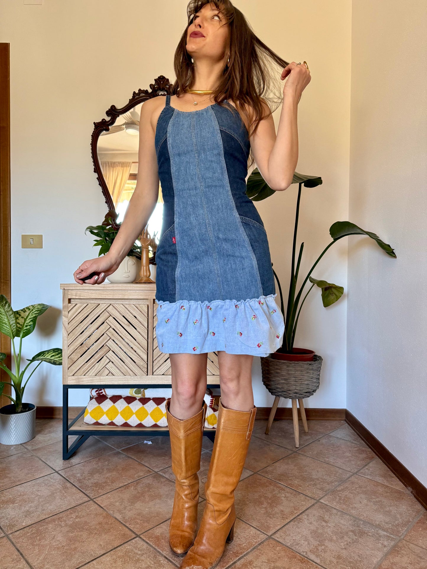 Y2k vintage denim Levi's mini dress with floral embroidery ruffle trim