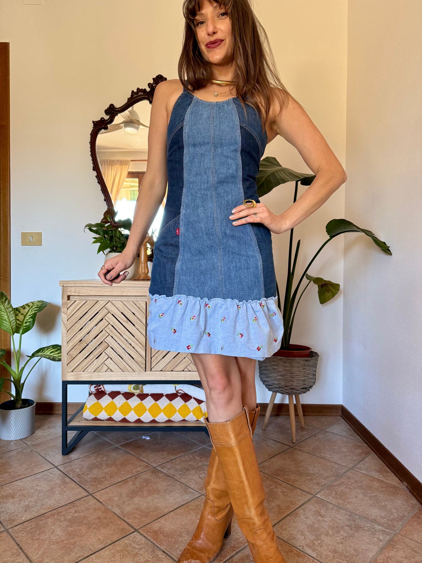 Y2k vintage denim Levi's mini dress with floral embroidery ruffle trim