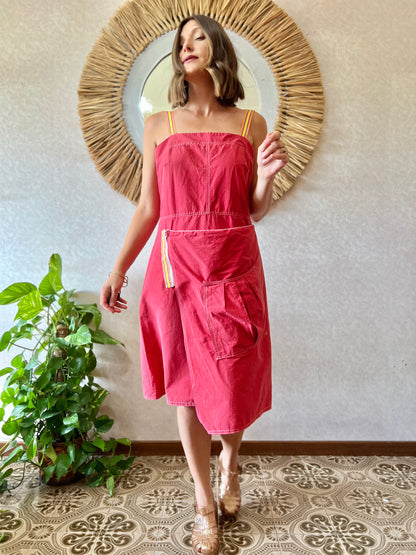 1980's vintage asymmetrical red bodycon dress with rainbow ribbon detailing