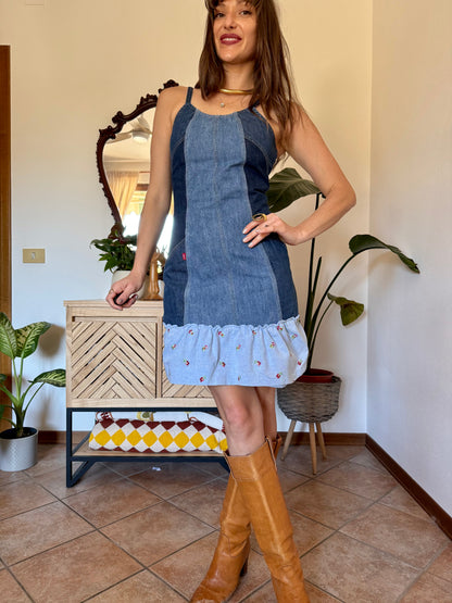 Y2k vintage denim Levi's mini dress with floral embroidery ruffle trim