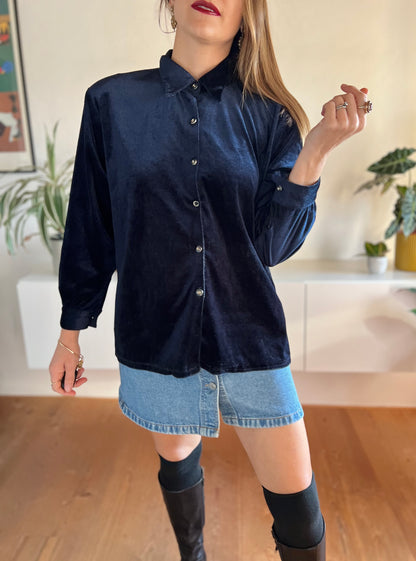 1970's vintage dark blue velvet blouse