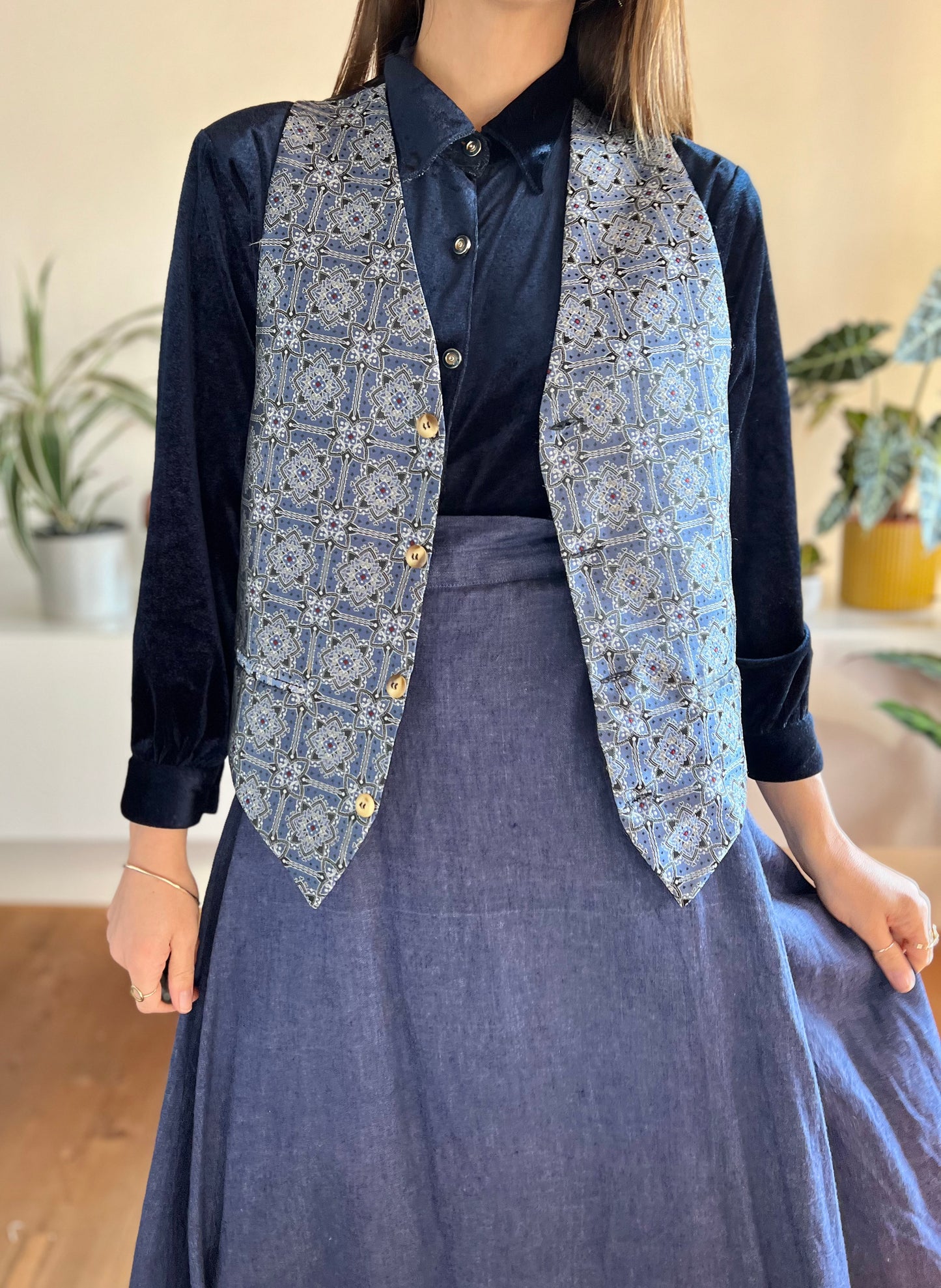 1990's vintage royal blue  and silver satin floral waistcoat