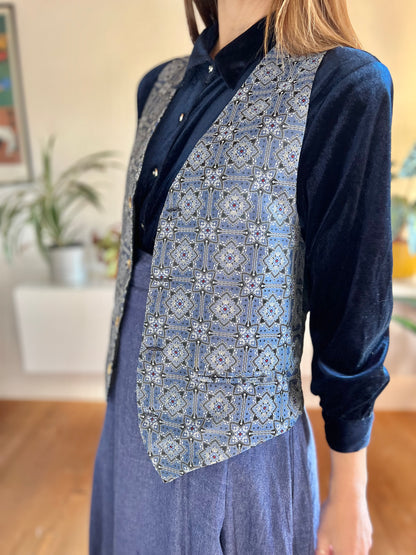 1990's vintage royal blue  and silver satin floral waistcoat