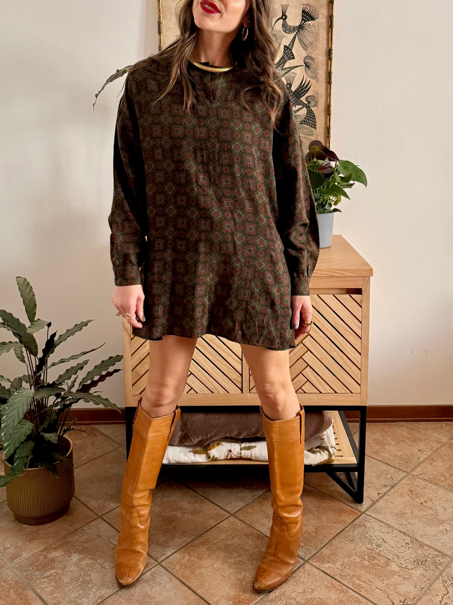 1970's vintage red and green geometric pattern wool mini dress