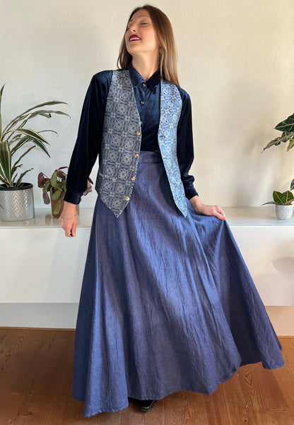 1990's vintage royal blue  and silver satin floral waistcoat