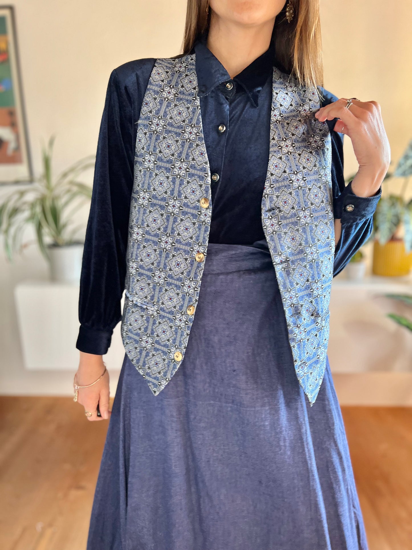 1990's vintage royal blue  and silver satin floral waistcoat