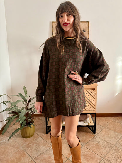 1970's vintage red and green geometric pattern wool mini dress