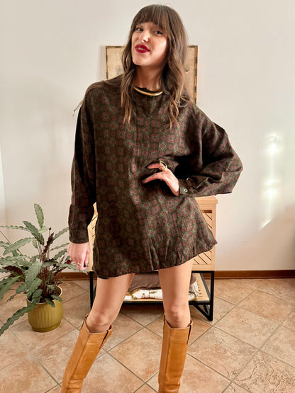 1970's vintage red and green geometric pattern wool mini dress