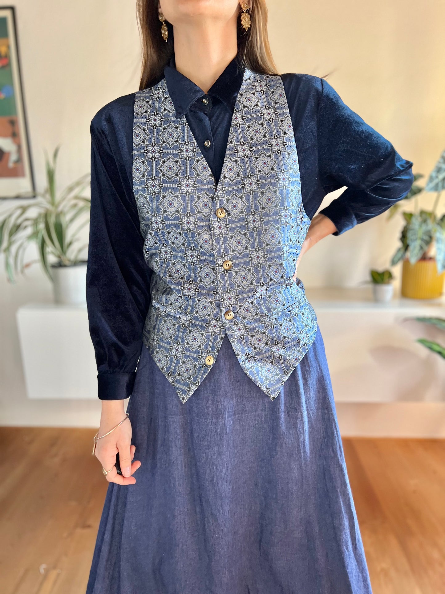 1990's vintage royal blue  and silver satin floral waistcoat