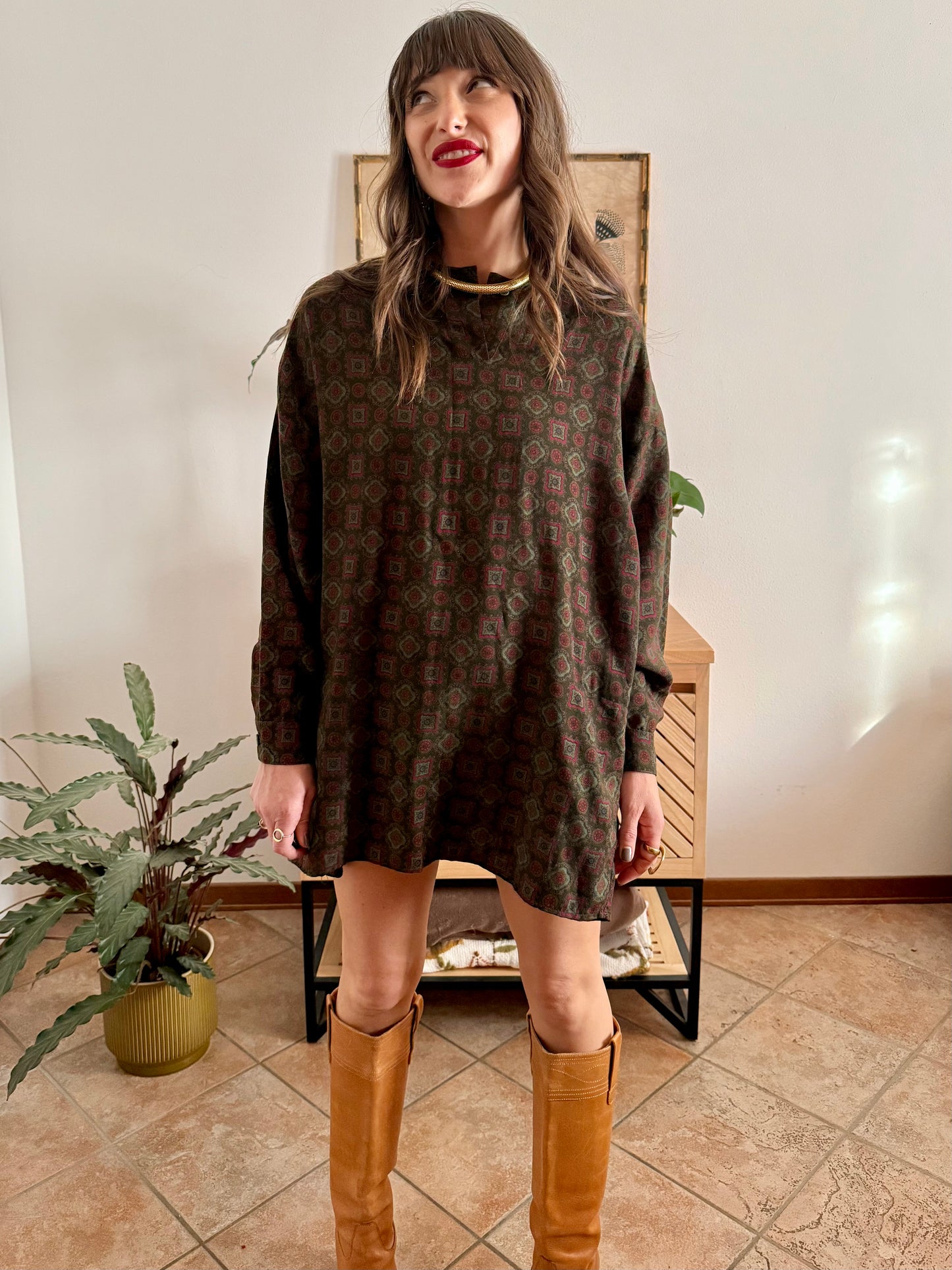 1970's vintage red and green geometric pattern wool mini dress