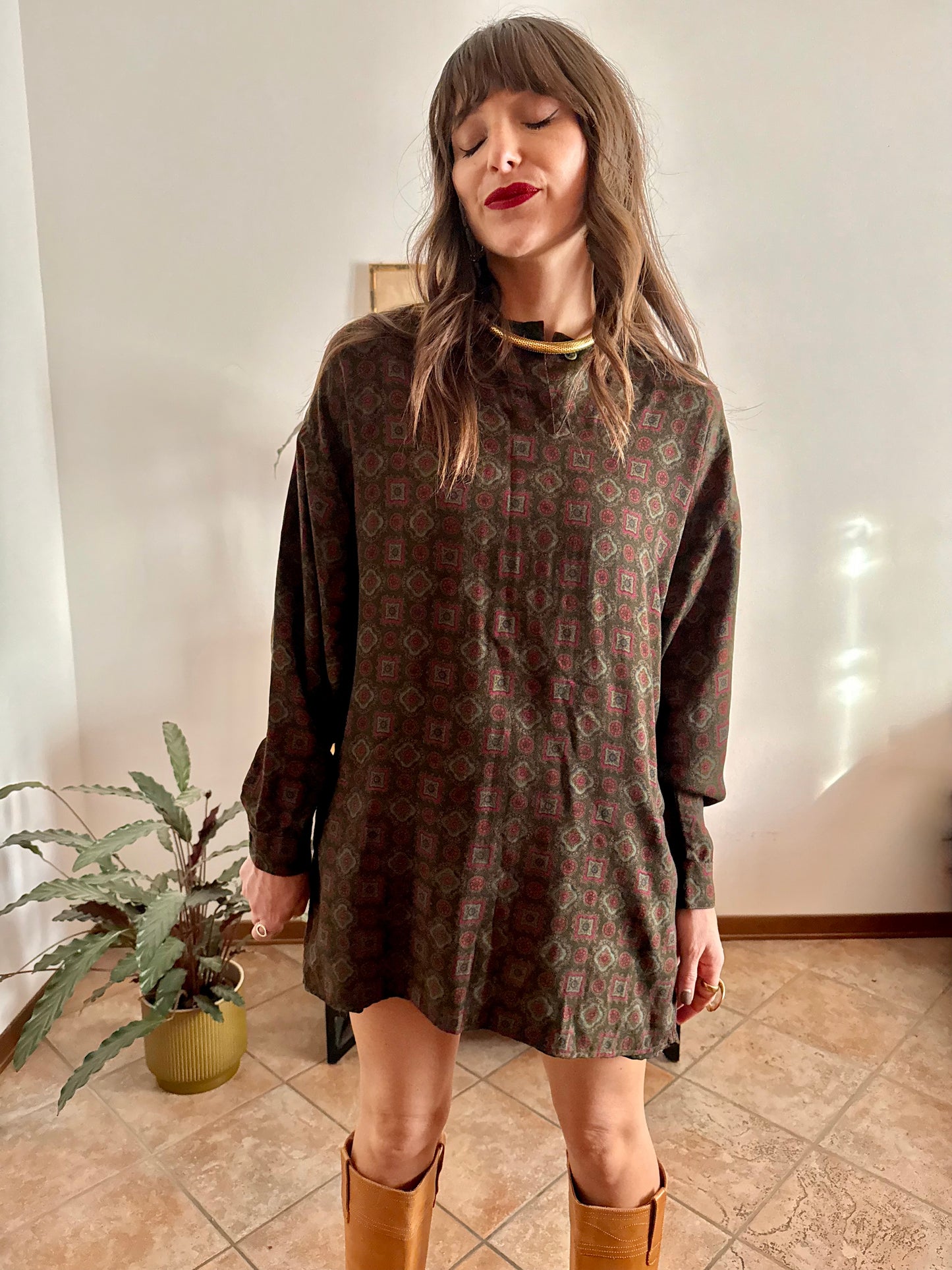 1970's vintage red and green geometric pattern wool mini dress