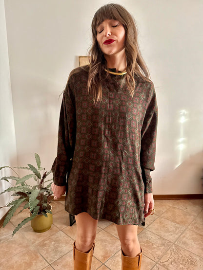 1970's vintage red and green geometric pattern wool mini dress