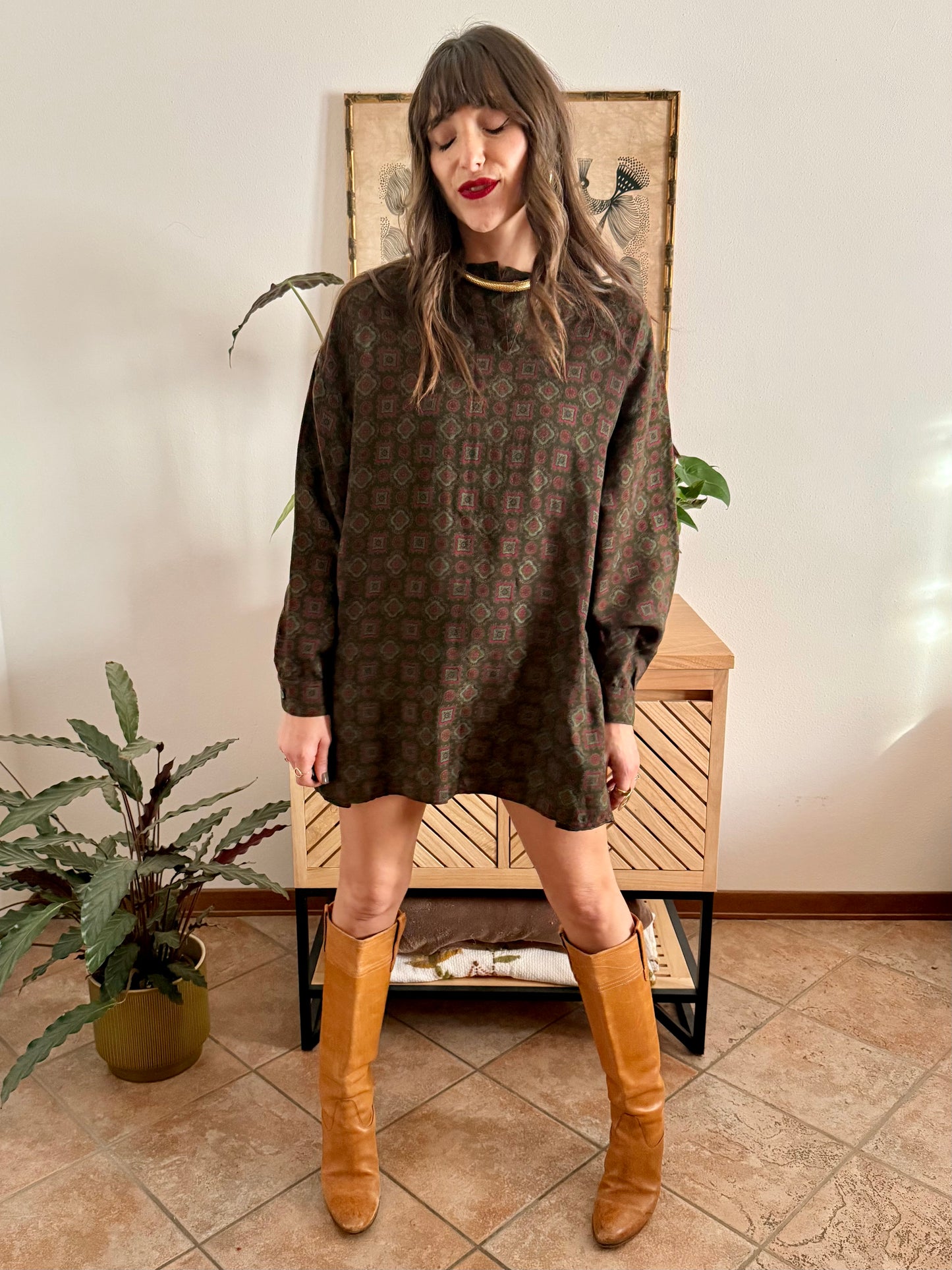 1970's vintage red and green geometric pattern wool mini dress