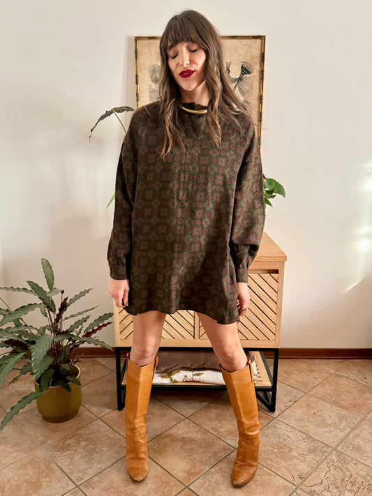 1970's vintage red and green geometric pattern wool mini dress