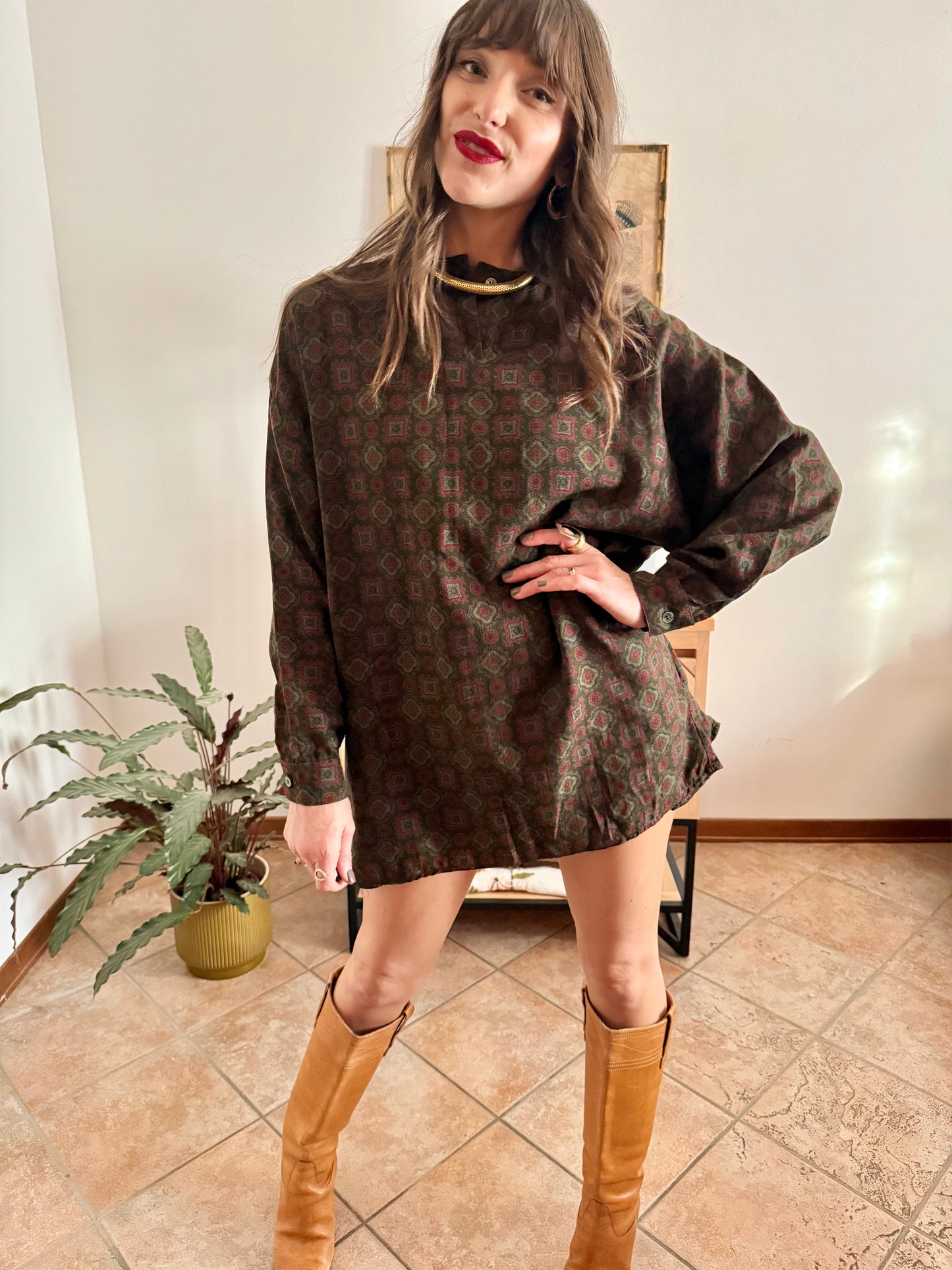 1970's vintage red and green geometric pattern wool mini dress