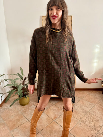 1970's vintage red and green geometric pattern wool mini dress