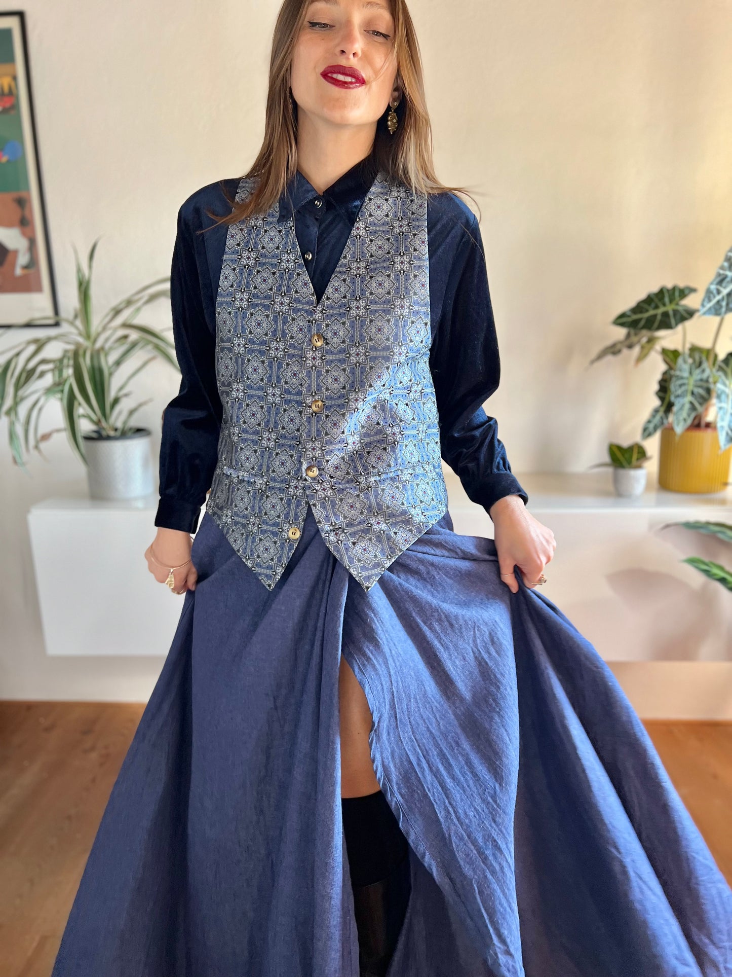 1990's vintage royal blue  and silver satin floral waistcoat