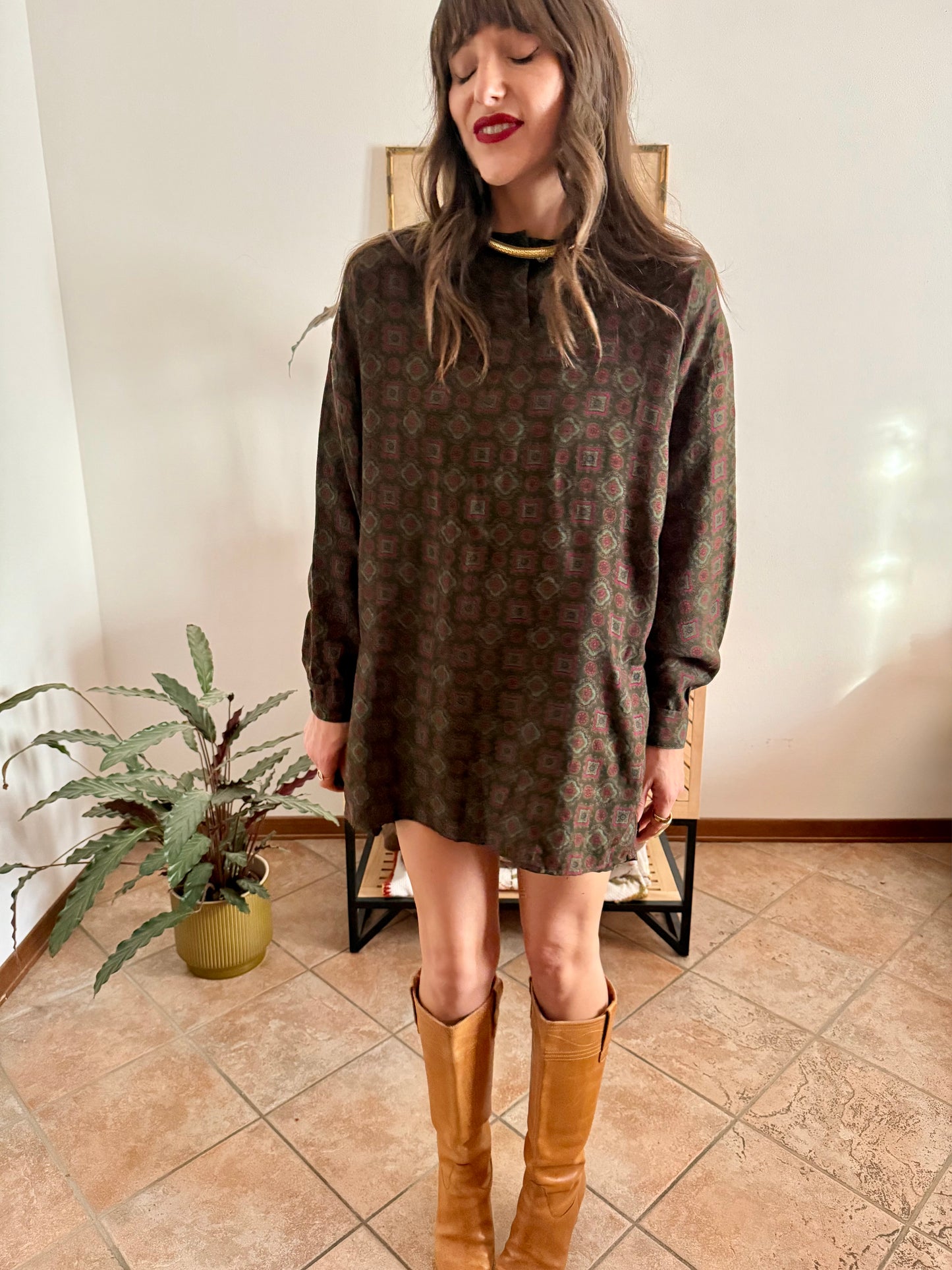 1970's vintage red and green geometric pattern wool mini dress