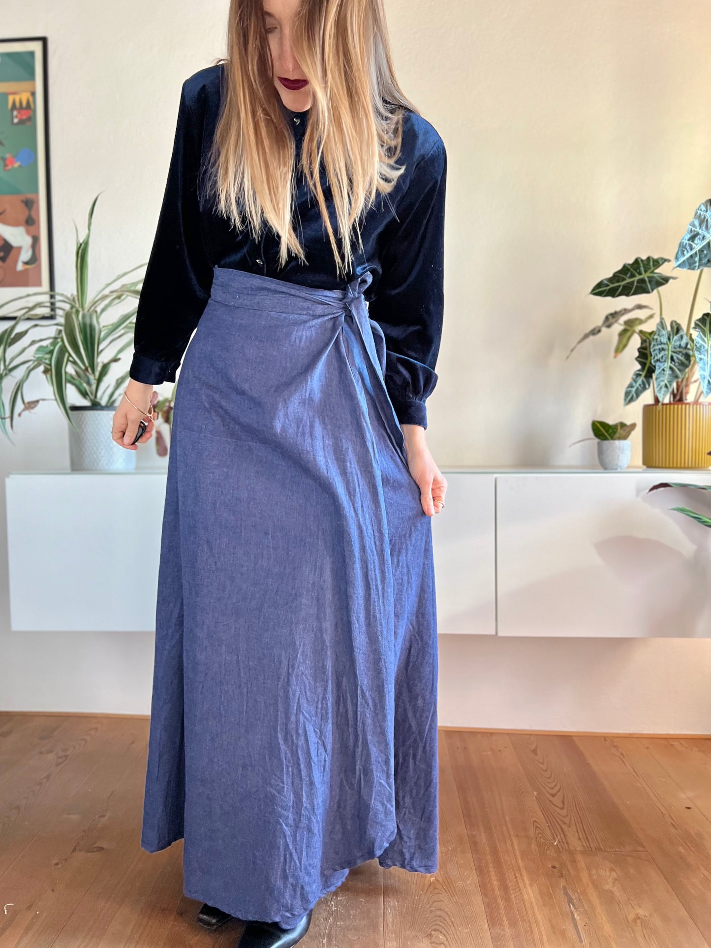 1970's vintage denim maxi prairie skirt