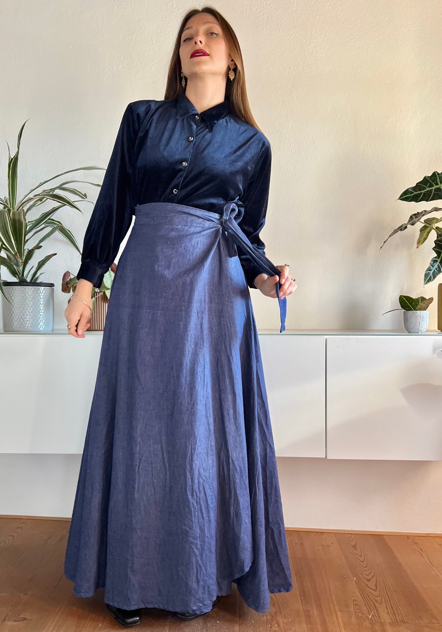 1970's vintage denim maxi prairie skirt