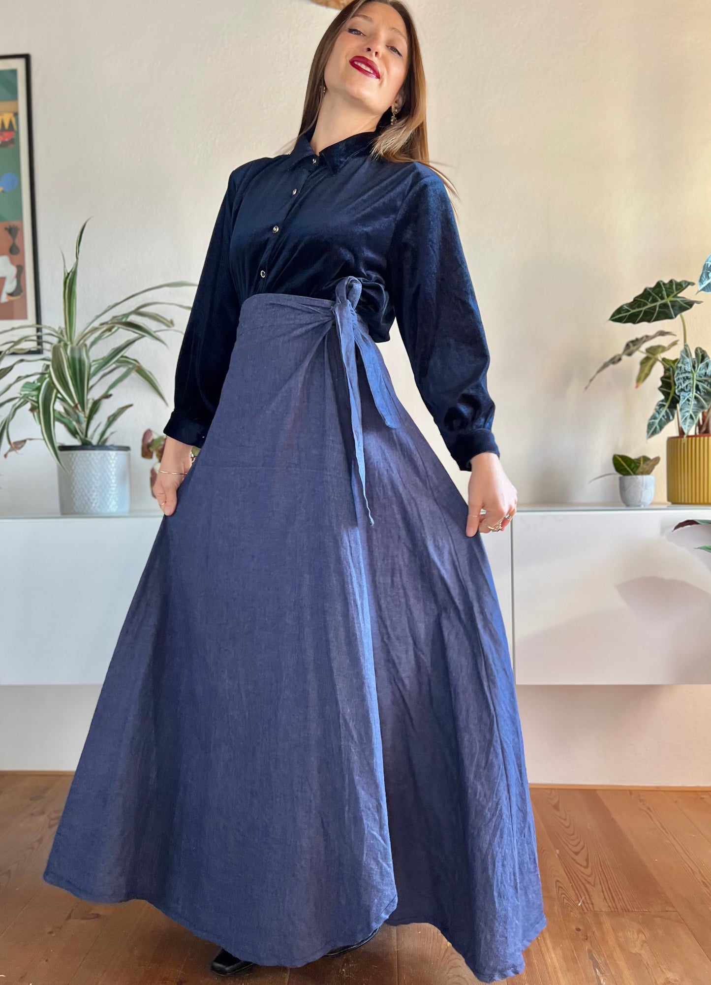 1970's vintage denim maxi prairie skirt