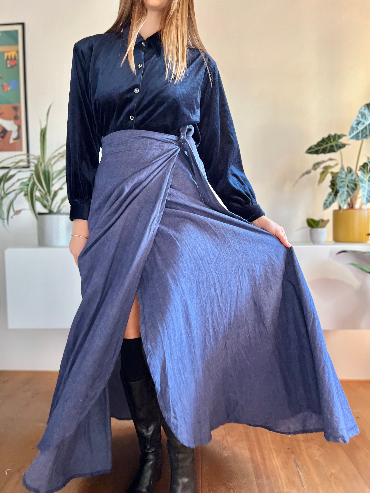 1970's vintage denim maxi prairie skirt