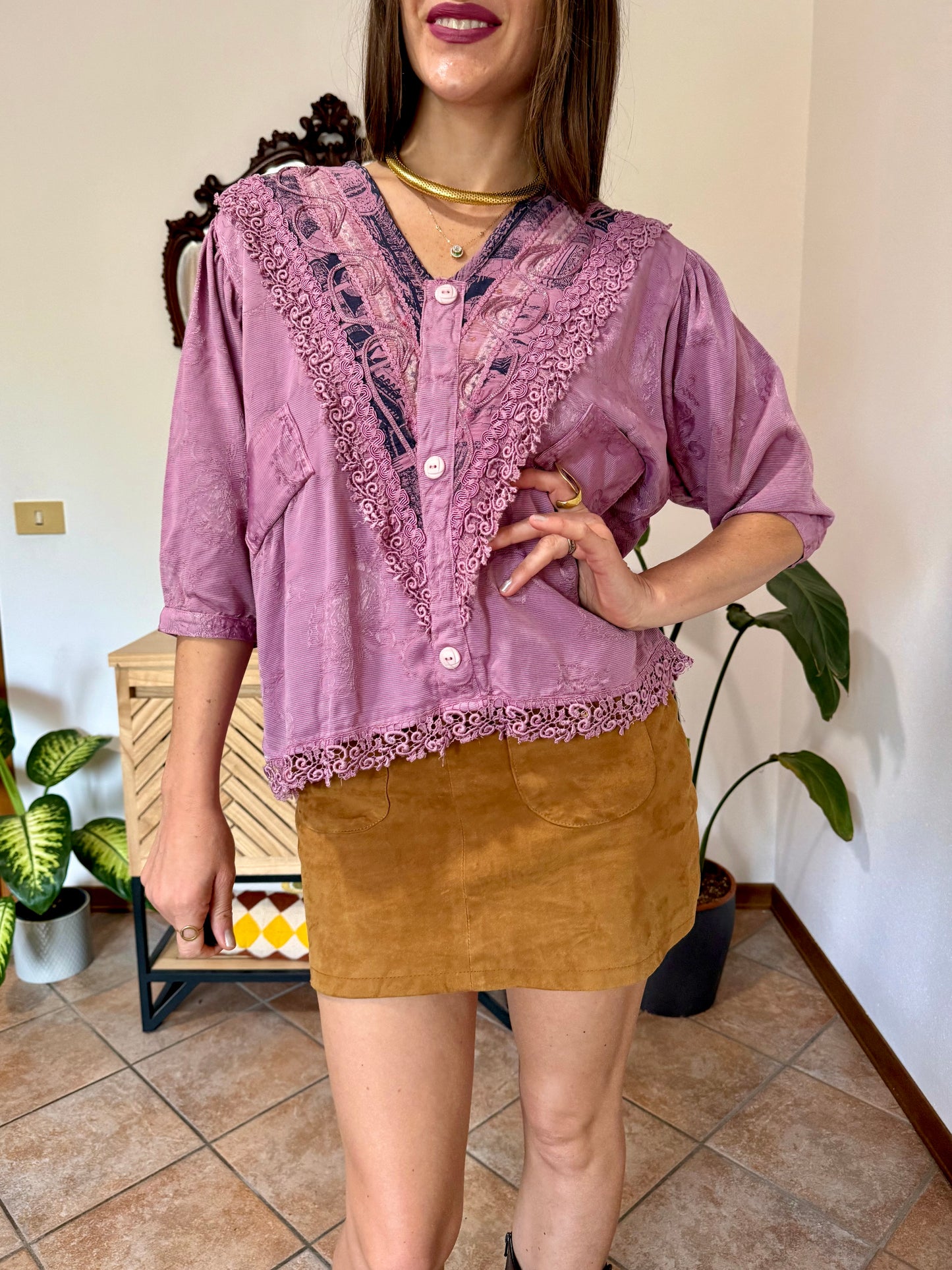1990's vintage light purple floral brocade textured blouse with crochet lace detailing
