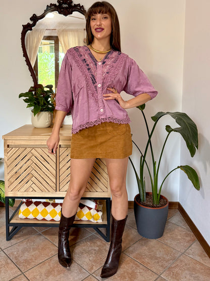 1990's vintage light purple floral brocade textured blouse with crochet lace detailing