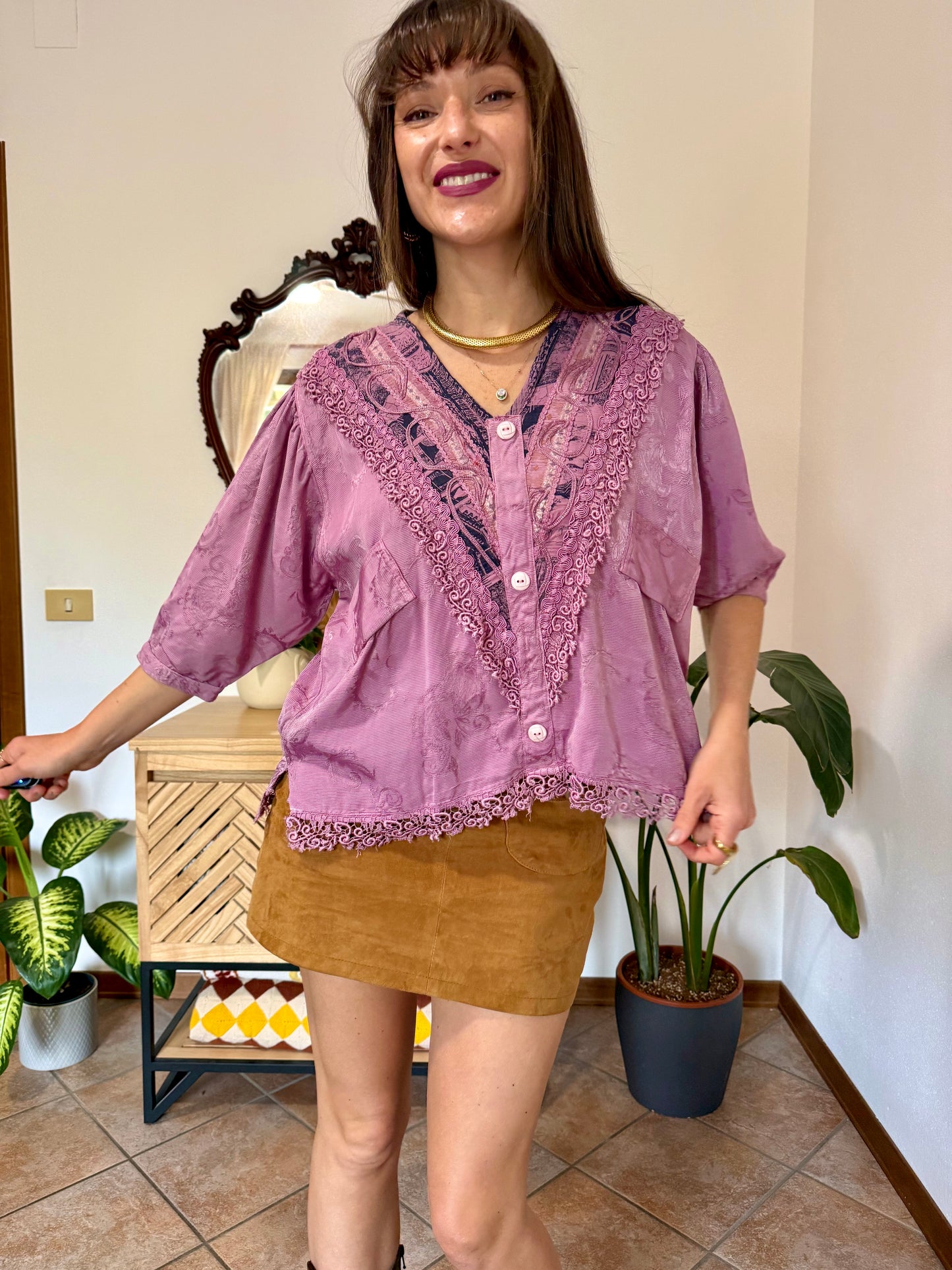 1990's vintage light purple floral brocade textured blouse with crochet lace detailing