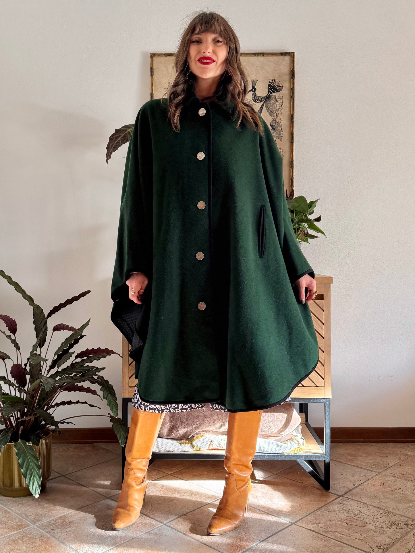 1970’s vintage dark green Loden cape overcoat with navy blue details