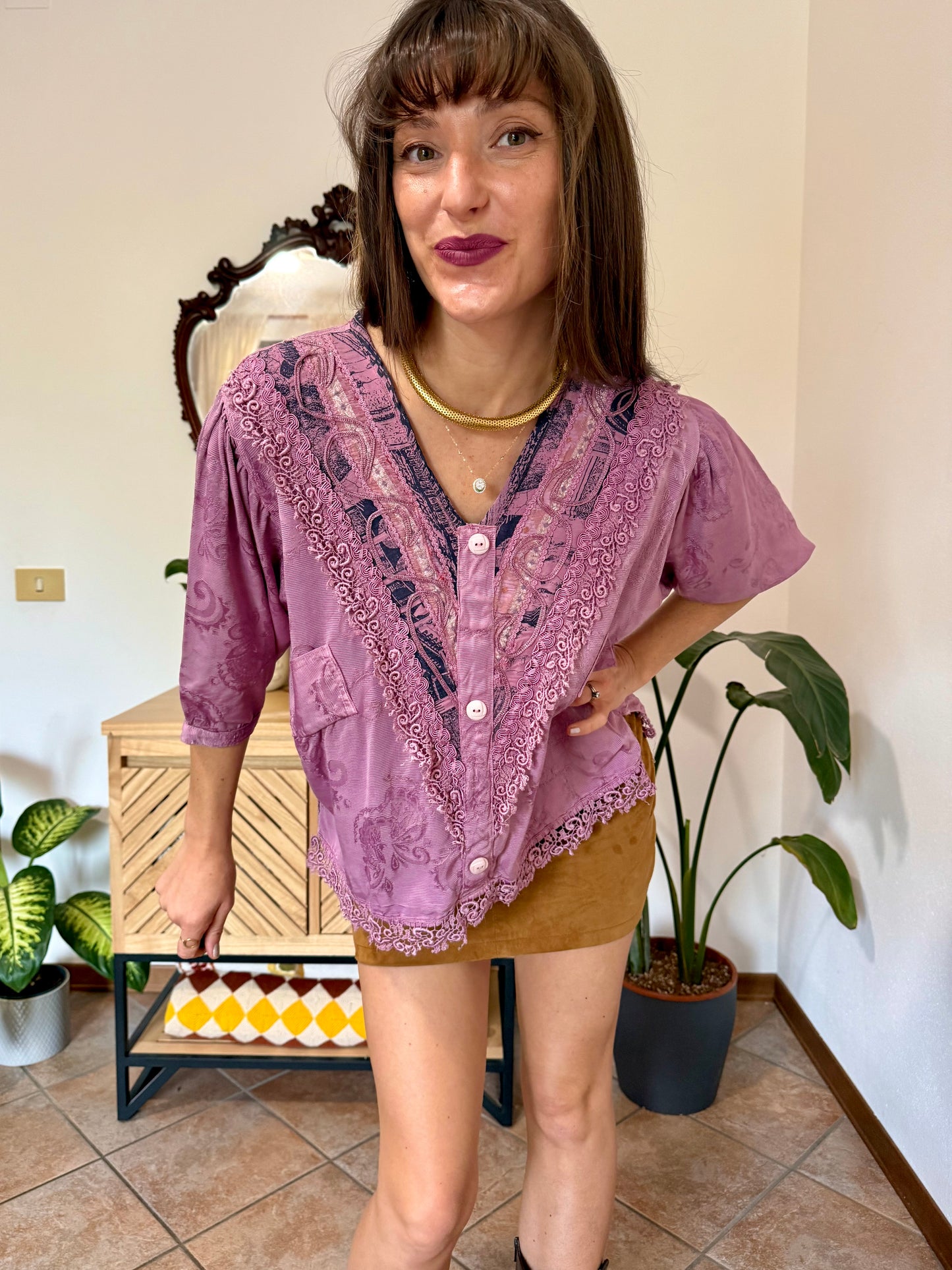 1990's vintage light purple floral brocade textured blouse with crochet lace detailing