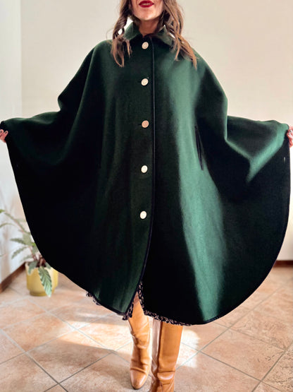 1970’s vintage dark green Loden cape overcoat with navy blue details