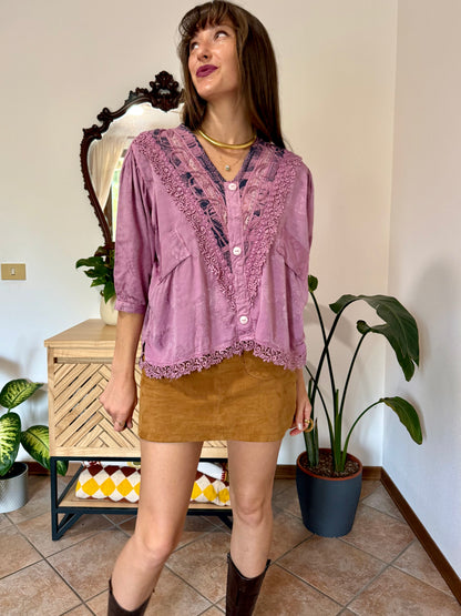 1990's vintage light purple floral brocade textured blouse with crochet lace detailing