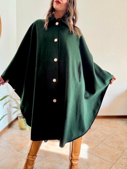 1970’s vintage dark green Loden cape overcoat with navy blue details