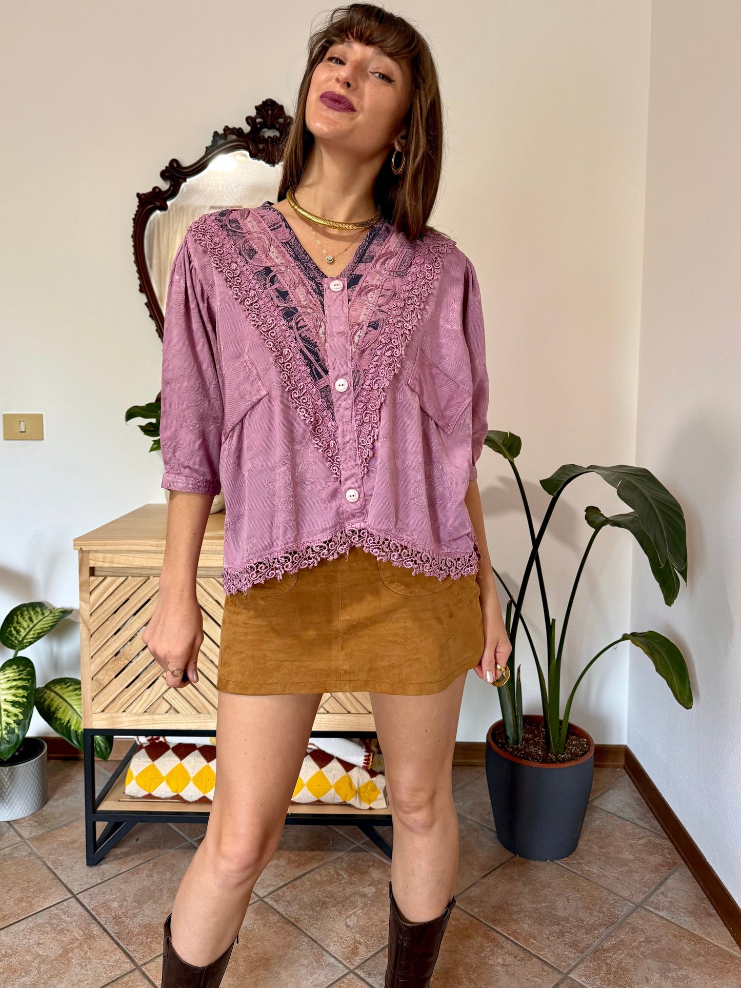 1990's vintage light purple floral brocade textured blouse with crochet lace detailing