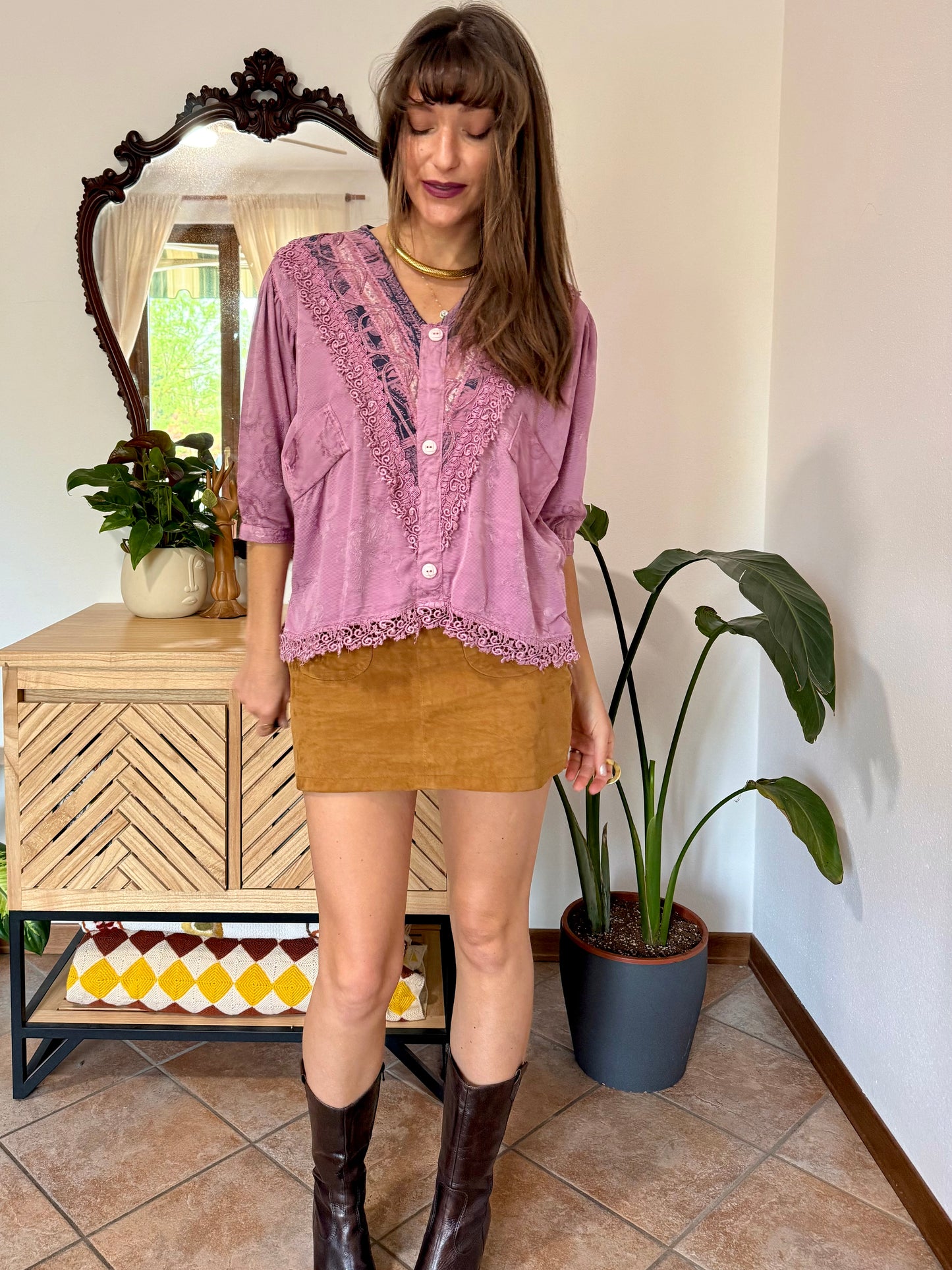 1990's vintage light purple floral brocade textured blouse with crochet lace detailing