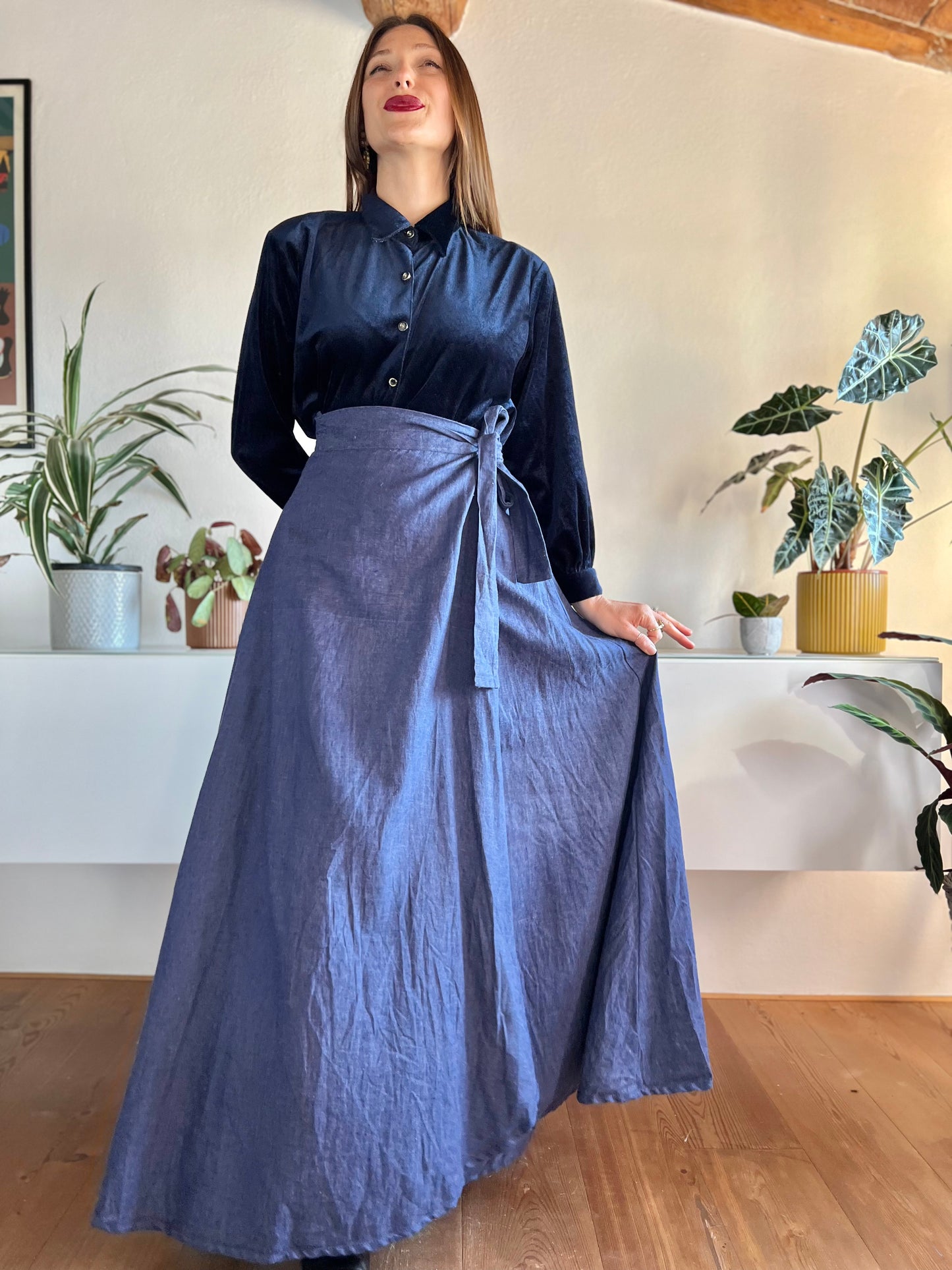 1970's vintage denim maxi prairie skirt