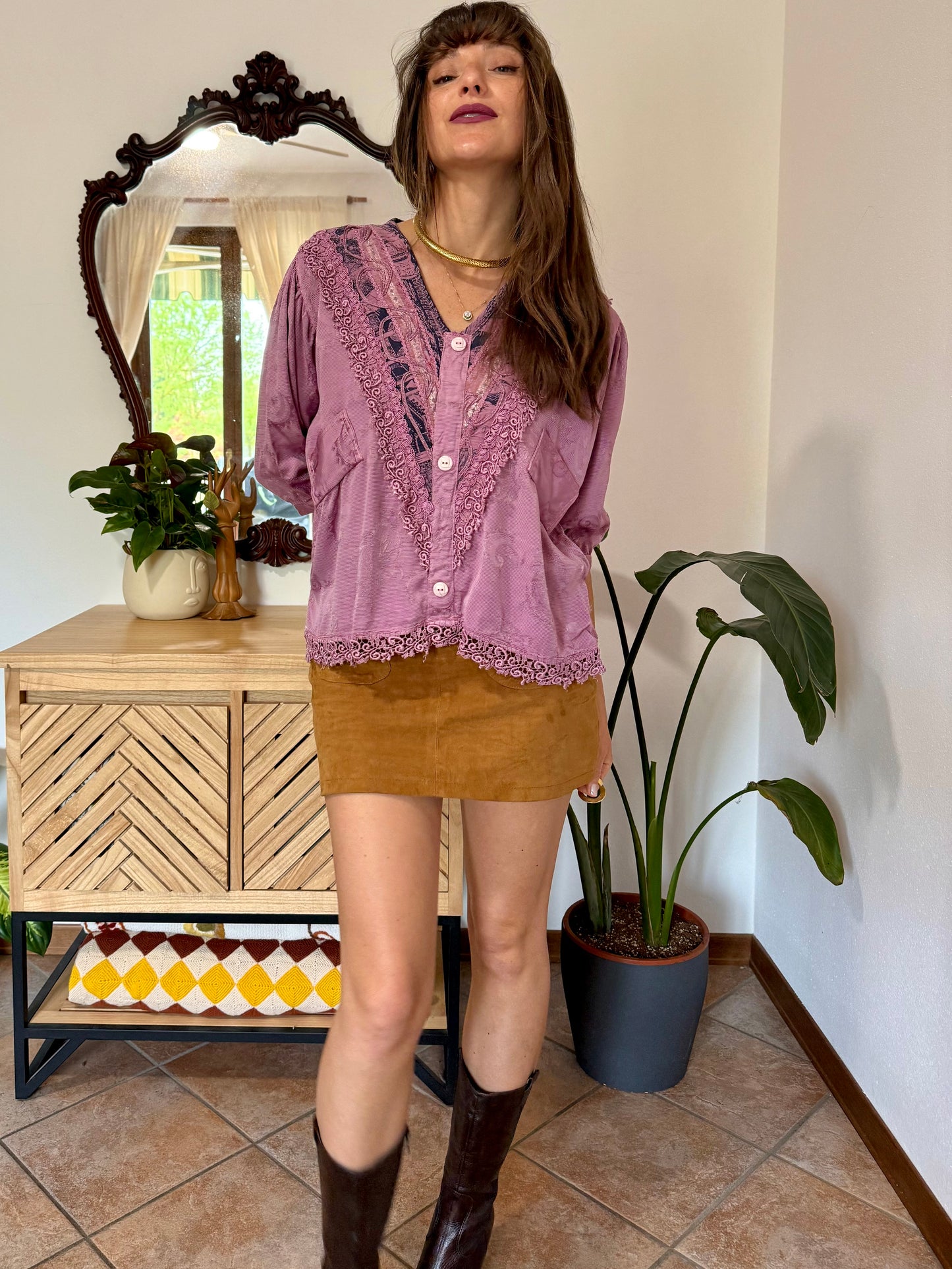 1990's vintage light purple floral brocade textured blouse with crochet lace detailing
