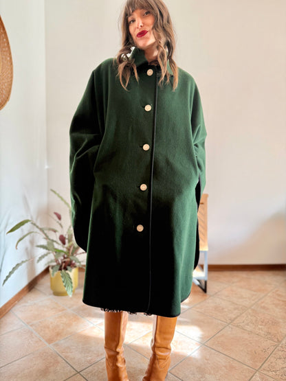 1970’s vintage dark green Loden cape overcoat with navy blue details